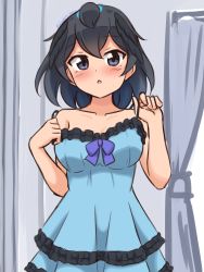 Rule 34 | 1girl, alternate costume, bare shoulders, black eyes, black hair, blue dress, blush, breasts, chestnut mouth, collarbone, commentary, curtains, dress, frilled dress, frills, hair between eyes, head wings, highres, indoors, kemono friends, large breasts, looking at viewer, shiraha maru, short hair, sleeveless, sleeveless dress, solo, spaghetti strap, strap slip, superb bird-of-paradise (kemono friends), sweatdrop, twitter username, wings