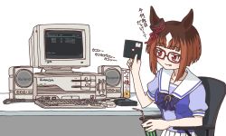 Rule 34 | 1girl, absurdres, animal ears, blue bow, blue shirt, bob cut, bow, brown hair, chair, commentary request, computer, cpu, drink, ear ornament, floppy disk, glasses, highres, holding, horse ears, horse girl, inverted bob, keyboard (computer), monitor, pc-98 (computer), pleated skirt, rainforce, red-framed eyewear, red eyes, sailor collar, school uniform, serafuku, shirt, short hair, simple background, sitting, skirt, solo, summer uniform, tongue, tongue out, tracen school uniform, transcend (umamusume), translation request, umamusume, white background, white sailor collar, white skirt