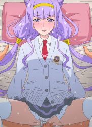 Rule 34 | 10s, 1boy, 1girl, bed, blush, censored, clothed sex, clothing aside, collared shirt, eyelashes, full-face blush, hair ornament, headband, hetero, hugtto! precure, indoors, light purple hair, long hair, long sleeves, looking at viewer, low twintails, lying, missionary, mosaic censoring, necktie, oekaki, on bed, open mouth, panties, panties aside, pillow, precure, purple eyes, pussy juice, red neckwear, ruru amour, sex, shirt, skirt, solo focus, spread legs, sweatdrop, tears, thighhighs, tomu (tomubobu), twintails, underwear, vaginal, white panties, white shirt, white thighhighs