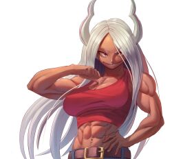 Rule 34 | 1girl, abs, animal ears, belt, boku no hero academia, breasts, cleavage, dark skin, denim, hand on own hip, highres, jeans, large breasts, long eyelashes, long hair, looking at viewer, mirko, mr cheesedong, muscular, muscular female, pants, rabbit ears, red eyes, solo, white background, white hair