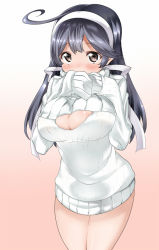 Rule 34 | 10s, 1girl, ahoge, black hair, blush, breasts, brown eyes, cleavage, cleavage cutout, clothing cutout, gradient background, hairband, huge breasts, kantai collection, large breasts, long hair, meme attire, open-chest sweater, ribbed sweater, serakoutarou, solo, sweater, turtleneck, ushio (kancolle)