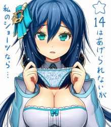 Rule 34 | 1girl, :o, asamura hiori, blue bow, blue hair, blush, bow, breasts, breasts squeezed together, commentary request, detached collar, detached sleeves, eyelashes, fingernails, green eyes, hair between eyes, hair bow, highres, holding, holding clothes, holding panties, holding underwear, large breasts, long hair, long sleeves, looking at viewer, mother (pso2), nose blush, open mouth, panties, unworn panties, phantasy star, phantasy star online 2, shiny skin, simple background, solo, star (symbol), strapless, translation request, tsurime, underwear, upper body, very long hair, white background, white panties