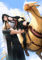 Rule 34 | 1boy, 1girl, bare shoulders, bike shorts under skirt, black gloves, black hair, black skirt, black thighhighs, blonde hair, blue sky, blush, blush visible through hair, breasts, buster sword, chocobo, cloud, cloud strife, cloudy sky, couple, crop top, elbow pads, final fantasy, final fantasy vii, final fantasy vii rebirth, final fantasy vii remake, fingerless gloves, gloves, hands on another&#039;s waist, highres, huge weapon, large breasts, long hair, low-tied long hair, materia, midriff, outdoors, parted lips, red eyes, red footwear, shy, skirt, sky, sleeveless, sleeveless turtleneck, spiked hair, spykeee, suspender skirt, suspenders, sweatdrop, sweater, tank top, teardrop earrings, thighhighs, tifa lockhart, turtleneck, turtleneck sweater, weapon, weapon on back, white tank top