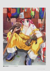 Rule 34 | 00s, 1girl, absurdres, artbook, baseball cap, boin, boin lecture, breasts, brick, brick wall, bucket, cleavage, closed mouth, collarbone, english text, gloves, graffiti, green eyes, happoubi jin, happy, hat, highres, huge breasts, iihara nao, japanese text, kanji, large breasts, long hair, looking at viewer, naked overalls, no bra, on ground, outdoors, overalls, page number, paint, paint can, paint on body, paint on clothes, paint splatter, paint splatter on face, pink hair, red hair, scan, shadow, shoes, sitting, smile, sneakers, solo, spread legs, strap slip, suspenders, translation request, wall