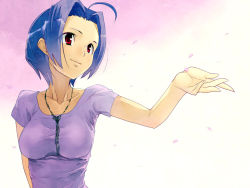 Rule 34 | 10s, 1girl, ahoge, alternate hairstyle, blue hair, breasts, collarbone, forehead, idolmaster, idolmaster (classic), idolmaster 2, jewelry, kato, large breasts, maitake (loose), miura azusa, necklace, red eyes, shirt, short hair, smile, solo, t-shirt, upper body