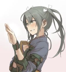 Rule 34 | 10s, 1girl, bad id, bad twitter id, blush, camouflage, from side, gradient background, green eyes, green hair, hand on own chest, hand up, jewelry, kantai collection, long hair, looking at hand, matching hair/eyes, ree (re-19), ring, solo, twintails, wedding band, wedding ring, zuikaku (kancolle)