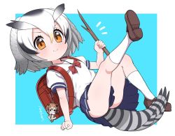 Rule 34 | 1girl, alternate costume, backpack, bag, bag charm, bird tail, bird wings, black hair, blonde hair, blue skirt, bow, bowtie, brown hair, character charm, character doll, charm (object), check translation, coat, commentary request, eurasian eagle owl (kemono friends), female focus, fur collar, fur trim, grey hair, hair between eyes, head wings, kemono friends, loafers, long sleeves, multicolored hair, northern white-faced owl (kemono friends), orange eyes, outside border, owl ears, pleated skirt, puffy short sleeves, puffy sleeves, randoseru, ransusan, red bag, red bow, red bowtie, sailor collar, school uniform, shirt, shoes, short hair, short sleeves, skirt, socks, solo, stick, tail, translation request, white hair, white shirt, white socks, wings