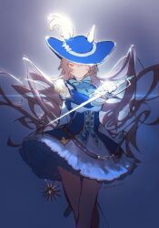 Rule 34 | 1girl, animal ears, ascot, blue ascot, blue background, blue hat, blue jacket, bow, bowtie, brown hair, closed mouth, crossed legs, gloves, hat, highres, holding, holding sword, holding weapon, horse ears, horse girl, horse tail, jacket, long hair, long sleeves, looking at viewer, satono diamond (chevalier bleu) (umamusume), satono diamond (umamusume), sheath, skirt, solo, standing, sword, tail, twitter username, umamusume, watson cross, weapon, white gloves, yellow eyes, yi yu