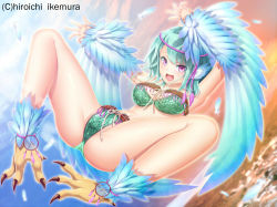 Rule 34 | 1girl, animal ears, animal feet, anklet, artist name, bird ears, blue feathers, bra, commentary request, feathered wings, feathers, green bra, green hair, green panties, harpy, ikemura hiroichi, jewelry, mixed-language commentary, monster girl, open mouth, original, panties, pink eyes, solo, spread legs, talons, underwear, winged arms, wings