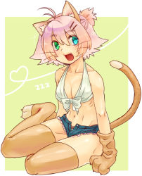 Rule 34 | 1girl, ahoge, animal ears, antenna hair, aqua eyes, bad id, bad pixiv id, bare shoulders, blue eyes, bow, bow panties, breasts, cat ears, cat tail, cleavage, fang, front-tie top, gloves, green eyes, hair ornament, hairclip, heterochromia, navel, open fly, open mouth, original, panties, pink hair, ponytail, short hair, short shorts, shorts, siori, sitting, solo, tail, thighhighs, underwear, unzipped