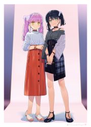 Rule 34 | 2girls, asymmetrical clothes, asymmetrical sleeves, belt, black belt, black choker, black footwear, black hair, blue skirt, blush, bow, buttons, character name, choker, closed mouth, collarbone, commentary, earrings, feet, full body, green eyes, grey shirt, hair bow, high-waist skirt, highres, hoop earrings, jewelry, kerorira, long hair, long skirt, long sleeves, looking at viewer, multiple girls, nape, original, parted lips, plaid, plaid skirt, purple hair, red skirt, shirt, short hair, skirt, smile, standing, twintails, uneven sleeves, white bow, white footwear, white shirt, wide sleeves, yellow eyes