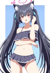 Rule 34 | 1girl, absurdres, angry, animal ear fluff, animal ears, artist name, bikini, black bikini, black hair, blue archive, blush, cat ears, collarbone, eyebrows hidden by hair, frilled bikini, frills, hair between eyes, hair ribbon, halo, highres, long hair, looking at viewer, navel, off-shoulder bikini, off shoulder, red eyes, reia 76, ribbon, serika (blue archive), serika (swimsuit) (blue archive), slit pupils, solo, swimsuit, triangle mouth, twintails, very long hair