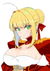 Rule 34 | 1girl, ahoge, blonde hair, breasts, cleavage, fate/extra, fate/grand order, fate (series), green eyes, hair bun, hair ribbon, large breasts, looking at viewer, nero claudius (fate), nero claudius (fate) (all), nero claudius (fate/extra), pinch (nesume), red ribbon, ribbon, sidelocks, simple background, single hair bun, solo, upper body, white background