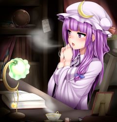 Rule 34 | 1girl, blunt bangs, blush, book, bookshelf, bow, breath, chair, cold, crescent, cup, desk, female focus, german text, hair bow, hat, hime cut, indoors, jitome, lamp, long hair, miki purasu, note, own hands together, patchouli knowledge, purple eyes, purple hair, sitting, solo, steam, teacup, text focus, touhou, translated