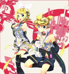 Rule 34 | 1boy, 1girl, arm warmers, blonde hair, brother and sister, detached sleeves, guitar, hair ornament, hair ribbon, hairclip, headphones, instrument, kagamine len, kagamine len (append), kagamine rin, kagamine rin (append), leg warmers, navel, rassie s, ribbon, short hair, shorts, siblings, smile, twins, vocaloid, vocaloid append