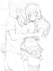 Rule 34 | 1boy, 1girl, grabbing another&#039;s breast, breasts, censored, clothes lift, closed eyes, grabbing, greyscale, happy sex, hetero, kiss, large breasts, long hair, maid, monochrome, mosaic censoring, nora higuma, penis, sex, sketch, skirt, skirt lift, smile, standing, thighhighs, vaginal
