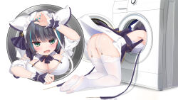 Rule 34 | 1girl, animal band, animal ears, apron, ass, azur lane, blush, breasts, cheshire (azur lane), cleavage, clothes lift, detached sleeves, dress, dress lift, fake animal ears, feet, frilled hairband, frills, garter straps, grey hair, hairband, highres, large breasts, long ribbon, looking at viewer, maid, maid headdress, multicolored hair, no shoes, open mouth, panties, pantyhose, puffy detached sleeves, puffy sleeves, purple apron, ribbon, short hair, smile, soles, streaked hair, thighhighs, two-tone hair, underwear, washing machine, white panties, white pantyhose, white thighhighs, xiao shi lullaby