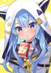 Rule 34 | 1girl, animal ears, animal hood, black sailor collar, black shirt, blue eyes, blue hair, commentary request, drinking straw, fake animal ears, hair between eyes, highres, hololive, hood, hood up, hooded jacket, hoshimachi suisei, hoshimachi suisei (school uniform), jacket, long hair, looking at viewer, mouth hold, multicolored hair, puffy short sleeves, puffy sleeves, sailor collar, shirt, short sleeves, solo, star (symbol), sumisaki yuzuna, tetris, two-tone hair, upper body, virtual youtuber, white background, white jacket, yellow background