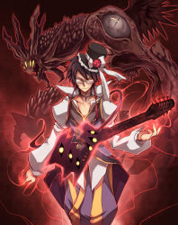 Rule 34 | 1boy, 1other, baggy pants, black hair, black headwear, bow, choker, closed mouth, clown (ragnarok online), coat, commentary request, demon, emon-yu, extra eyes, feet out of frame, flower, glasses, glowing, glowing instrument, guitar, hat, hat bow, hat flower, instrument, long sleeves, looking at viewer, open mouth, pants, purple coat, purple pants, ragnarok online, red flower, rose, satan morroc, shirt, short hair, sleeveless, sleeveless coat, smile, top hat, white bow, white shirt, yellow eyes