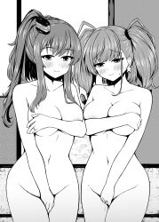 Rule 34 | 2girls, absurdres, atlanta (kancolle), between legs, breasts, completely nude, covering breasts, covering privates, earrings, greyscale, hair between eyes, hand between legs, high side ponytail, highres, jewelry, kamiya tadato, kantai collection, large breasts, long hair, monochrome, multiple girls, navel, nude, ponytail, saratoga (kancolle), side ponytail, single earring, smokestack hair ornament, standing, star (symbol), star earrings, textless version, two side up