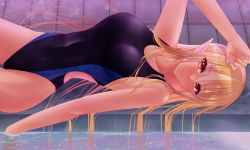Rule 34 | 1girl, black one-piece swimsuit, blonde hair, breasts, competition swimsuit, cowboy shot, dark-skinned female, dark skin, elf, hair ribbon, high ponytail, hololive, hololive fantasy, large breasts, long hair, looking at viewer, lying, multicolored hair, one-piece swimsuit, pointy ears, poolside, ribbon, shiranui flare, smile, solo, streaked hair, swimsuit, virtual youtuber, water, yumeneko nyaa