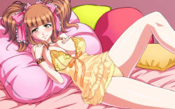 Rule 34 | 10s, 1girl, bare shoulders, blush, bow, bracelet, breasts, brown eyes, cleavage, hair bow, highres, idolmaster, idolmaster cinderella girls, jewelry, large breasts, legs, lingerie, looking at viewer, lying, moroboshi kirari, necklace, panties, pillow, shirihime, solo, twintails, underwear