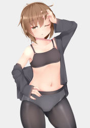 Rule 34 | 1girl, :o, bad id, bad pixiv id, bare shoulders, black bra, black pantyhose, black shirt, blush, bra, brown eyes, brown hair, grey background, hair between eyes, half-closed eyes, hand in own hair, hand on own hip, kantai collection, long sleeves, looking at viewer, navel, ne an ito, one eye closed, open clothes, open mouth, panties, panties under pantyhose, pantyhose, shirt, short hair, simple background, solo, underwear, wakaba (kancolle)