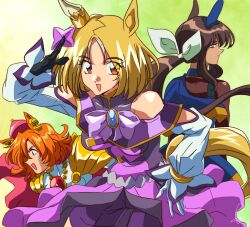 Rule 34 | 1990s (style), 3girls, :d, admire vega (umamusume), animal ears, anime coloring, asymmetrical gloves, bare shoulders, black gloves, blonde hair, bow, bowtie, brown hair, cape, crown, dress, ear covers, ear ornament, gloves, hair ribbon, hand on own hip, highres, horse ears, horse girl, long hair, long sleeves, looking at viewer, low ponytail, mini crown, mismatched gloves, multiple girls, narita top road (umamusume), off-shoulder dress, off shoulder, open mouth, orange hair, pink cape, purple bow, purple bowtie, purple eyes, retro artstyle, ribbon, short hair, sin emu, single ear cover, smile, t.m. opera o (umamusume), umamusume, umamusume: road to the top, white gloves, white ribbon