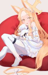 Rule 34 | 1girl, absurdres, animal ears, blonde hair, blue archive, breasts, commentary request, dress, foot out of frame, halo, heimu (heim kstr), highres, long hair, looking at viewer, no shoes, open mouth, pantyhose, seia (blue archive), sideboob, simple background, sitting, sleeves past fingers, sleeves past wrists, small breasts, solo, thigh strap, very long hair, white background, white dress, white pantyhose, yellow eyes