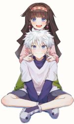 Rule 34 | 1boy, 1girl, :d, absurdres, alluka zoldyck, black hair, blue eyes, blue shirt, blunt bangs, blush, brother and sister, brothers, brown headband, closed mouth, commentary, hands on another&#039;s shoulders, happy, headband, highres, hunter x hunter, indian style, japanese clothes, killua zoldyck, layered sleeves, long hair, long sleeves, looking at viewer, messy hair, mmo (mmo omm938), multi-tied hair, open mouth, purple footwear, purple shorts, shirt, shoes, short over long sleeves, short sleeves, shorts, siblings, simple background, sitting, smile, spiked hair, standing, white background, white hair, white shirt