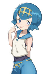 Rule 34 | 1girl, absurdres, blue eyes, blue hair, blush, bob cut, bright pupils, covered navel, creatures (company), finger to face, freckles, game freak, gazacy (dai), highres, lana (pokemon), nintendo, pokemon, pokemon sm, sailor collar, short hair, smile, solo, swimsuit, swimsuit under clothes, tiara, tongue, tongue out, white pupils