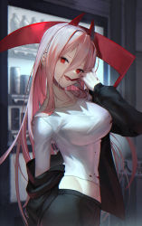 Rule 34 | 1girl, black jacket, black pants, blood, blood on clothes, blood on hands, breasts, chainsaw man, commentary request, cross-shaped pupils, crosshair pupils, demon horns, finger to mouth, hair between eyes, highres, horns, indoors, jacket, large breasts, long hair, long sleeves, looking at viewer, midriff, off shoulder, open clothes, open jacket, open mouth, pants, pink hair, power (chainsaw man), red eyes, scottie (phantom2), scythe, sharp teeth, shirt, solo, symbol-shaped pupils, teeth, tongue, tongue out, white shirt