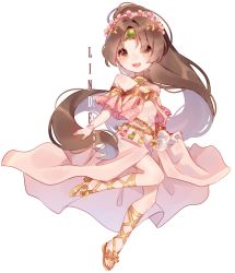 Rule 34 | bare shoulders, brown eyes, brown hair, character name, chibi, cleavage cutout, clothing cutout, commission, fire emblem, fire emblem: mystery of the emblem, flower, frills, full body, hair flower, hair ornament, jumping, lilianei, linde (fire emblem), long hair, looking at viewer, nintendo, open mouth, ponytail, sandals, smile