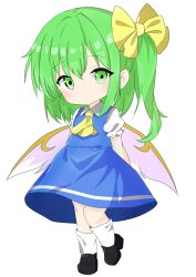 Rule 34 | 1girl, arms behind back, ascot, blue skirt, blue vest, blush, bow, chibi, closed mouth, collared shirt, commentary request, daiyousei, fairy wings, green eyes, green hair, hair between eyes, hair bow, highres, kurapi pref, looking at viewer, loose socks, medium hair, puffy short sleeves, puffy sleeves, shirt, short sleeves, side ponytail, simple background, skirt, socks, solo, standing, touhou, vest, white background, white shirt, white socks, wings, yellow ascot, yellow bow