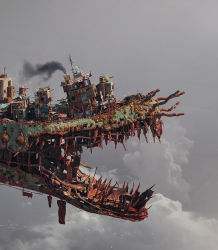 Rule 34 | above clouds, air conditioner, aircraft, airship, bird, building, chenxi kang, cloud, commentary, corrugated galvanized iron sheet, damaged, day, english commentary, fangs, fantasy, flying, highres, industrial pipe, no humans, open mouth, original, outdoors, power lines, railing, rust, satellite dish, shack, smoke, smokestack, teeth, vehicle focus, water tower