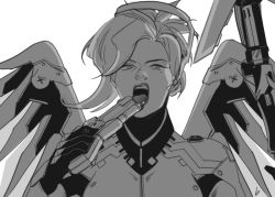 Rule 34 | 1girl, armor, bad id, bad twitter id, bodysuit, breastplate, greyscale, gun, halo, handgun, headgear, holding, holding gun, holding weapon, licking, licking weapon, lips, long hair, looking at viewer, mechanical halo, mechanical wings, mercy (overwatch), monochrome, open mouth, overwatch, overwatch 1, ponytail, simple background, solo, staff, teeth, tongue, tongue out, turtleneck, upper body, weapon, white background, wings