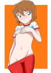 Rule 34 | 1girl, blue eyes, blush, breasts, brown hair, chelsea cola v, clothes lift, clothes pull, covering privates, covering breasts, goggles, goggles on head, haibara ai, highres, medium breasts, meitantei conan, navel, nipples, orange background, pants, pants pull, shirt lift, short hair, small breasts, solo, standing, take off clothes, tms entertainment, white background