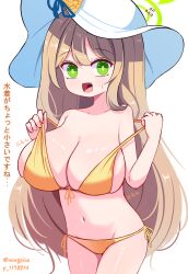 Rule 34 | 1girl, bikini, blue archive, blush, breasts, commentary, green eyes, green halo, halo, hat, highres, large breasts, long hair, looking at viewer, nonomi (blue archive), nonomi (swimsuit) (blue archive), official alternate costume, open mouth, side-tie bikini bottom, simple background, solo, sseopik, swimsuit, translation request, twitter username, white background, white hat, yellow bikini