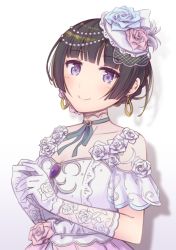 Rule 34 | 1girl, ayasaka, bang dream!, black ribbon, blue flower, blue rose, brooch, choker, clothing cutout, dress, earrings, elbow gloves, feather hair ornament, feathers, flower, gloves, hair ornament, hair up, jewelry, lace, lace-trimmed gloves, lace trim, looking at viewer, own hands together, pearl hair ornament, pink flower, pink rose, purple eyes, ribbon, ribbon choker, rose, shirokane rinko, short sleeves, shoulder cutout, sidelocks, smile, solo, upper body, wedding dress, white background, white feathers, white flower, white gloves, white rose