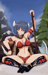 Rule 34 | 1girl, absurdres, armor, armpits, axe, barbarian, bikini, bikini armor, blue hair, blush, breasts, cow girl, cow horns, cow tail, grin, highres, horns, jashin-chan dropkick, large breasts, looking at viewer, minos (jashin-chan dropkick), navel, outdoors, red armor, red eyes, short hair, sky, smile, solo, spread legs, swimsuit, tail, tree