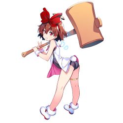 Rule 34 | 1girl, arched back, ass, bow, brown hair, carrying over shoulder, dennou tenshi djibril, fake tail, full body, grin, hair bow, holding, huge weapon, kuuchuu yousai, mallet, mini wings, official art, rabbit tail, red eyes, school swimsuit, short hair, smile, solo, swimsuit, tail, thigh strap, transparent background, two-handed, weapon, white footwear, wings