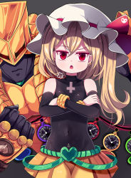 Rule 34 | 1girl, bodysuit, bracelet, breasts, clenched hand, cosplay, cross, crossed arms, detached sleeves, dio brando, dio brando (cosplay), fang, flandre scarlet, frown, glowing, glowing eyes, gradient background, grey background, groin, hair between eyes, hat, hat ribbon, head tilt, heart, highres, inverted cross, jewelry, jojo no kimyou na bouken, looking at viewer, mob cap, muscular, muscular male, open mouth, orange skirt, pleated skirt, pocket watch, raised eyebrow, red eyes, red pupils, red ribbon, ribbon, roman numeral, shiny clothes, shiny skin, short hair, side ponytail, skirt, sleeveless, sleeveless bodysuit, small breasts, sseopik, stand (jojo), stardust crusaders, suspenders hanging, symbol, the world, touhou, upper body, watch, white headwear, wings