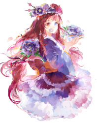 Rule 34 | 1girl, back bow, blue eyes, bow, chinese commentary, commentary request, cropped legs, cup, dress, eyelashes, flower, flower dress, frilled hairband, frills, hair flower, hair ornament, hair ribbon, hairband, heterochromia, highres, holding, holding cup, long hair, long sleeves, low-tied long hair, orange bow, orange eyes, original, parted lips, petals, purple dress, purple flower, purple hairband, purple sleeves, red flower, red hair, ribbon, rivet jiang, simple background, solo, teacup, very long hair, white background, wide sleeves