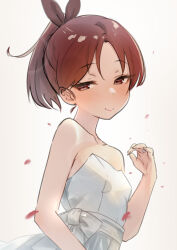 Rule 34 | 1girl, alternate costume, bare shoulders, breasts, brown eyes, brown hair, commentary, dress, highres, kantai collection, looking at viewer, ponytail, sakieko, shikinami (kancolle), short hair, small breasts, smile, solo, strapless, strapless dress, upper body, white background, white dress