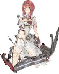 Rule 34 | 10s, 1girl, ark royal (kancolle), bow (weapon), dress, kantai collection, konishi (koconatu), lowres, machinery, official art, pantyhose, red hair, short hair, solo, torn clothes, torn pantyhose, transparent background, weapon, white dress