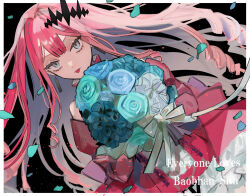 Rule 34 | 1girl, baobhan sith (fate), baobhan sith (first ascension) (fate), bare shoulders, black background, blue flower, border, bouquet, character name, detached sleeves, dress, earrings, english text, falling petals, fang, fate/grand order, fate (series), flower, frilled dress, frills, grey eyes, hair ornament, highres, holding, holding bouquet, jewelry, kitou saji, long hair, looking at viewer, petals, pink hair, red dress, sidelocks, solo, tongue, tongue out, upper body, white border