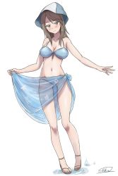 Rule 34 | 10s, 1girl, bad id, bad pixiv id, bikini, blue hat, blush, breasts, brown eyes, cleavage, front-tie top, girls und panzer, hat, highres, hood, long hair, looking at viewer, mika (girls und panzer), navel, sarong, smile, solo, solokov (okb-999), standing, swimsuit, thigh gap