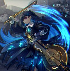 Rule 34 | 1girl, absurdly long hair, black dress, black hair, blue hair, cello, commentary, commentary request, dress, earrings, hair ornament, hairclip, holding, holding instrument, holding weapon, instrument, jewelry, liarhatter, light trail, long hair, long sleeves, looking at viewer, mecha musume, mechanical arms, punishing: gray raven, purple eyes, selena: tempest (punishing: gray raven), selena (punishing: gray raven), smile, solo, tagme, torn clothes, very long hair, weapon