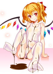 Rule 34 | 1girl, alternate costume, bad id, bad pixiv id, bare shoulders, between toes, blonde hair, blush, bobomaster, chocolate, chocolate on foot, collarbone, fang, feet, female focus, flandre scarlet, head tilt, heart, highres, no headwear, no shoes, one-piece swimsuit, red eyes, school swimsuit, side ponytail, smile, soles, solo, swimsuit, thighhighs, toes, touhou, valentine, white one-piece swimsuit, white school swimsuit, white thighhighs, wings
