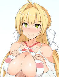 Rule 34 | 1girl, ahoge, bikini, blonde hair, blush, breasts, c8 toyo, closed mouth, fate/grand order, fate (series), green eyes, hair intakes, halterneck, large breasts, long hair, nero claudius (fate), nero claudius (fate) (all), nero claudius (swimsuit caster) (fate), nero claudius (swimsuit caster) (third ascension) (fate), paizuri, penis, simple background, smile, striped bikini, striped clothes, swimsuit, uncensored, upper body, white background